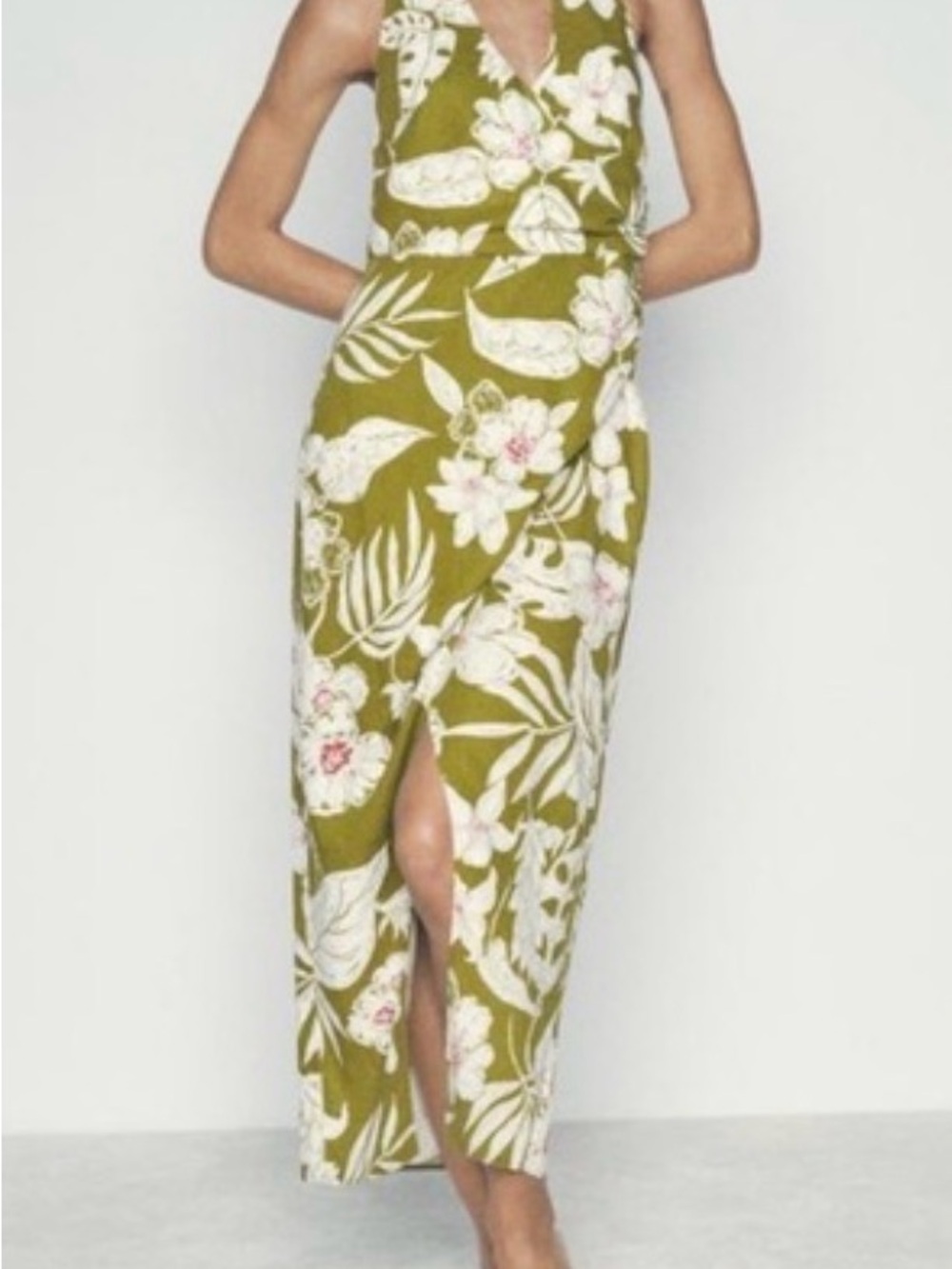 Zara Olive Green Floral Wrap Maxi Dress
